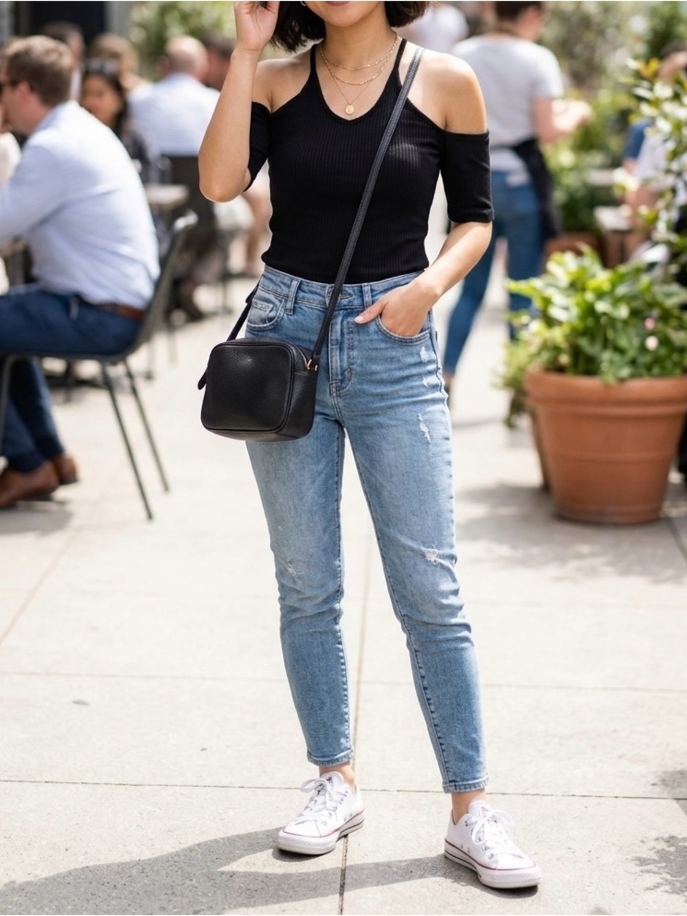 H&M Black Cold-Shoulder Tank with Crisscross Back